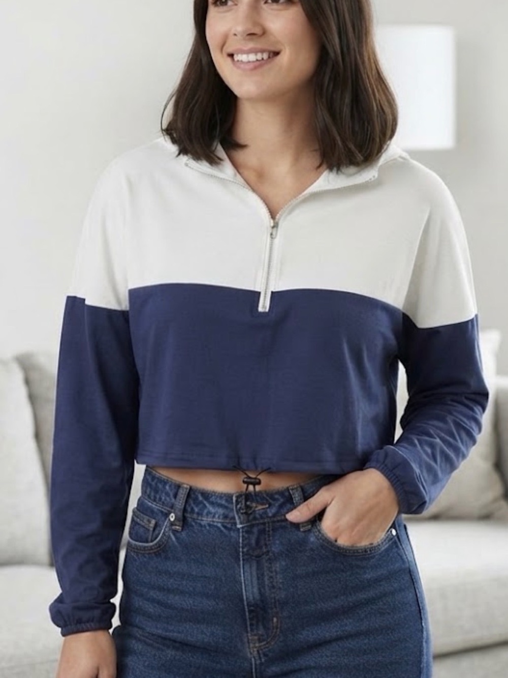Cropped Half-Zip Colorblock Top in Navy and White
